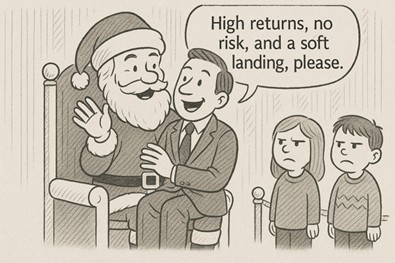 An illustration of an adult sitting on Santa's lap with kids unhappily watching.